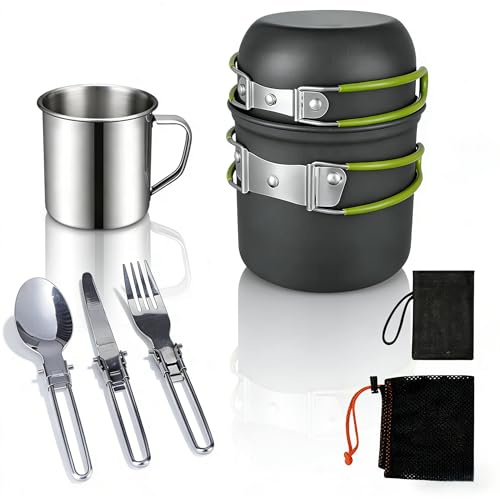 15pcs Camping Cookware Mess Kit,Non-Stick Pot and Pan Set with Kettle Stainless Steel Cups Plates Forks Knives Spoons Lightweight, Fork Spoon Kits for Backpacking, Outdoor Camping Hiking and Picnic