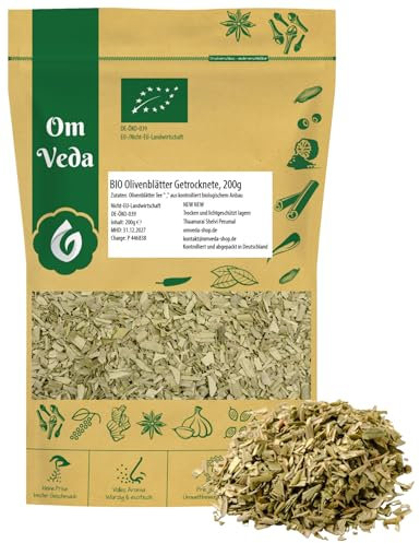 BIO Olivenblätter Tee | Olivenblättertee mit mild-herbem Geschmack | geschnitten und getrocknet | Hochwertig & Naturbelassen | Perfekt für Tee & Gewürzmischungen | OmVeda (200g)