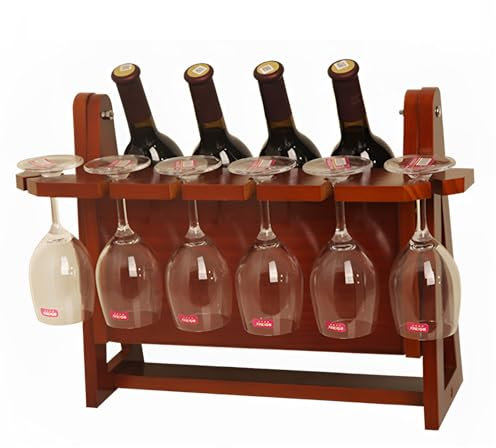 KCGCIHMS Weinregal aus Holz für Küche und Bar, freistehender Glashalter für 6 Weingläser und 4 Flaschen, für die Arbeitsplatte oder zum Aufhängen, 19×9×14 Zoll, Farbe Burgunderrot
