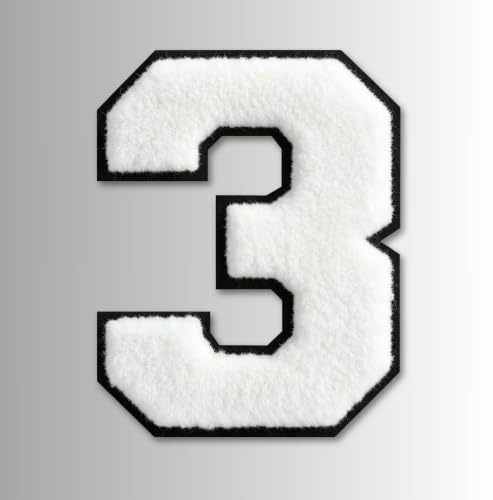 QianSiLi 4.5 Inch Chenille Iron On Patches for Clothing Embroidered Patch Iron On Numbers for Football Shirts Clothes Jacket Hoodie Varsity (White,3)