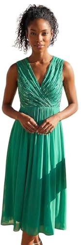Roman Originals Embellished Beaded V-Neck Dress for Women UK - Ladies Everyday Holiday Spring Summer V-Neckline Comfy Soft Evening Vacation Work Party - Green - Size 10