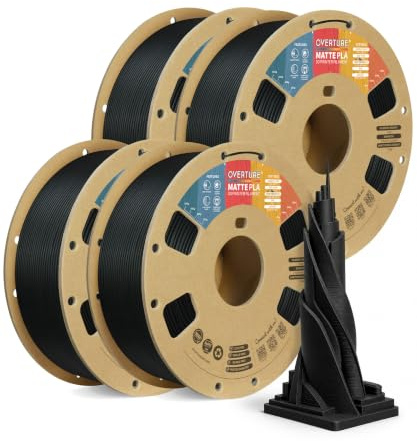 OVERTURE Matte PLA Filament 1,75 mm Schwarz, 4kg | Großpack | Mattes Finish • Kaschiert Schichtlinien •Leicht drucken • Glattere Oberfläche• ±0,02 mm • FDM-kompatibel