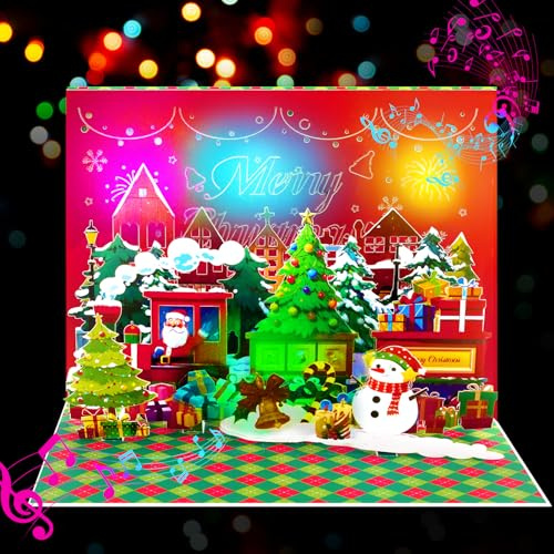 GREETING ART Weihnachtskarte Pop-Up mit Musik und Licht, Zug Design, Lustige 3D Weihnachtskarten als Geldgeschenk,Weihnachtsgrußkarte für Mama, Frau oder Freundin
