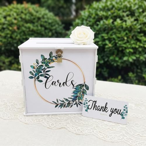 Azure Cantara White Wedding Card Box with Lock, PVC Wedding Post Box for Cards, Rustic Envelope Money Gift Box for Anniversary, Bridal, Baby Showers, Graduation, Birthday Party