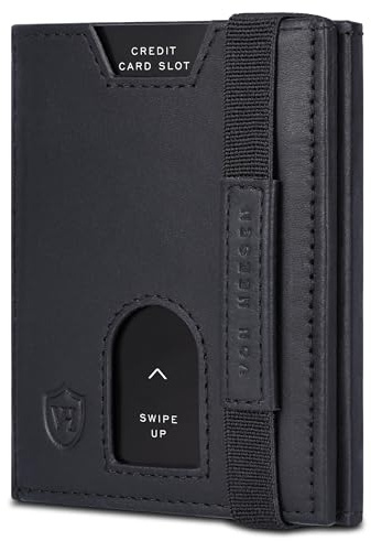 VON HEESEN Mini Kartenetui Mit Münzfach 5-10 Karten - RFID-Schutz - Leder Geldbörse für Damen Herren - Geldbeutel Männer klein - Portemonnaie Portmonaise Portmonee Slim Wallet (Schwarz Waxy)