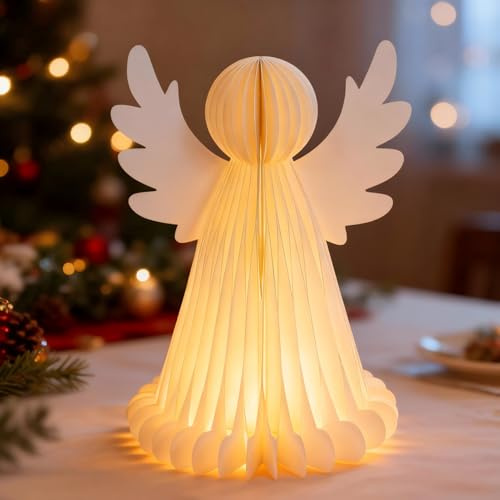 FUFRE Weihnachtsdeko Engel Figur mit LED Lichterkette, Beleuchtete Weihnachtsengel Figuren aus Papier, Leuchtende Engel Deko, LED Weihnachtsengel, Schutzengel Weihnachtsfiguren (Weiß 38cm)