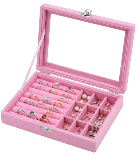 Rthynti 9 Grid Jewelry Storage Case, Velvet Jewellery Box for Ring Earring Necklace, Earrings Organizer with Clear Lid Lockable Jewellery Showcase for Rings