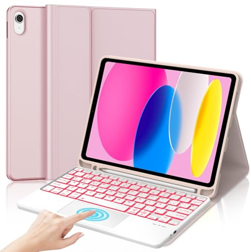 Teclado para iPad A16 11 Generación 2025/10 Generación 2022 con Touchpad | Funda Keyboard Trackpad Retroiluminado de 7 Colores Bluetooth, Español Ñ, Desmontable con portalápices, Rosa claro