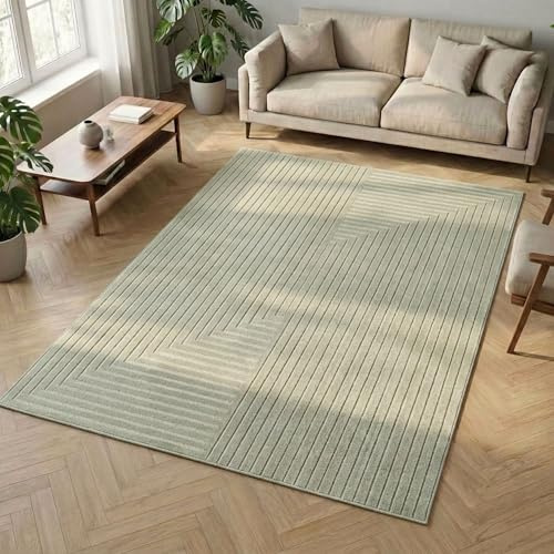 Carpetsale24 Kurzflor Teppich 240x340 cm XL Grün Wohnzimmer, Schlafzimmer, Küche, 3D Hoch-Tief-Effekt, Skandinavisch Boho Motiv, für Outdoor Bereich geeignet Terrassen oder im Balkon