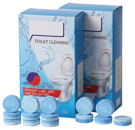 32 Pastilles Nettoyant WC, Bloc WC Eau Bleue pour Réservoir de Chasse d'Eau, Détartrant Surpuissant Anti-Calcaire et Anti-Urine, Nettoyage Automatique Profond, Parfum Frais, 2 Boîtes de 16 Pièces