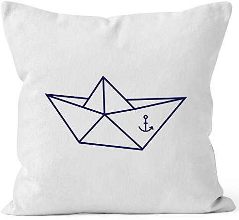 MoonWorks Kissenbezug Origami Schiffchen Schiff Anker Seemann Kissen-Hülle 40x40 Baumwolle Weiss 40cm x 40cm