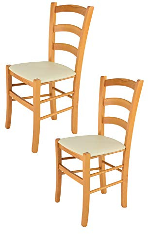 Tommychairs - 2er Set Stühle VENICE für Küche und Esszimmer, Robuste Struktur aus lackiertem Buchenholz im Farbton Honig und gepolsterte Sitzfläche mit Kunstleder in der Farbe Elfenbein bezogen