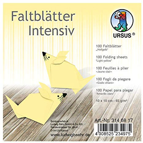 Ursus 3146817 - Faltblätter Uni intensiv, hellgelb, ca. 10 x 10 cm, 65 g/qm, 100 Blatt, aus Plakatpapier, durchgefärbt, für kleine und große Origami Künstler, ideal für vielseitige Bastelarbeiten