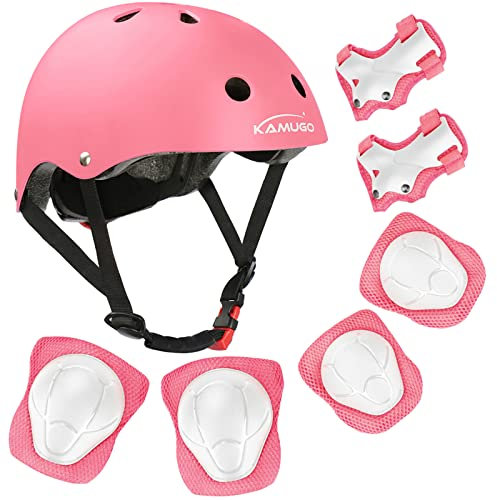KAMUGO Enfants Casque de vélo pour Les âges 2-8 garçons avec Filles équipement de Protection de Sport Genou coude Poignets pour Skateboard vélo Scooter Patins Ligne (Pink)