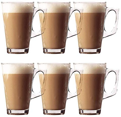 Set of 6 Latte Glasses Ð Premium Pack of Stylish 11cm Cafe Mugs Cups 240ml - Ideal for Tea, Coffee, Latte, Cappuccino, Espresso, Hot Chocolate