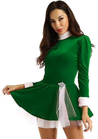inlzdz Damen Eiskunstlauf Kleid Langarm Samt Tanzkleid mit Mesh Rock Ballett Trikot Turnanzug Weihnachtself Cosplay Weihnachtskleid Tanzkleidung Grün Large
