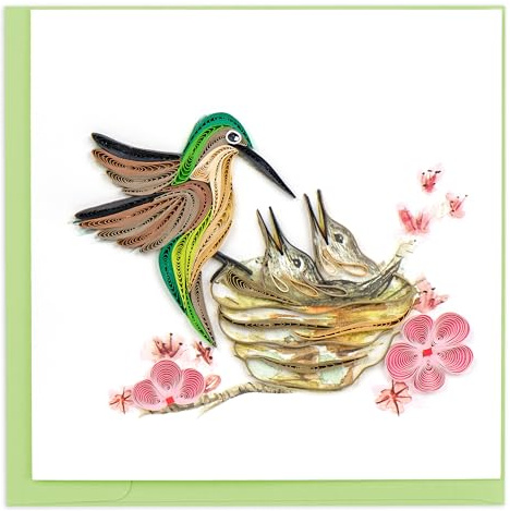 Quilling Card Handmade Quilled Hummingbird & Babies Greeting Card – 6x6 Inch Blank Card with Envelope – Fair Trade Verified – Unique Paper Art Keepsake for Any Occasion