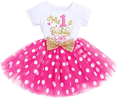 FYMNSI Baby Mädchen Mein 1. Erste Geburtstag Mini Maus Kleid Baumwolle Kurzarm Tutu Tüllkleid Gepunktet Rock Prinzessin 1 Jahr Partykleid Fotoshooting Kostüm Outfit Rose Mein 1. Geburtstag 1 Jahr