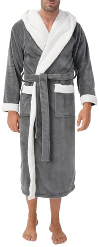 DAVID ARCHY Men's Bath Robe Luxury Soft Dressing Gown Ultra Soft Warm Collar Long Bathrobe Loungewear and Nightwear Grey M
