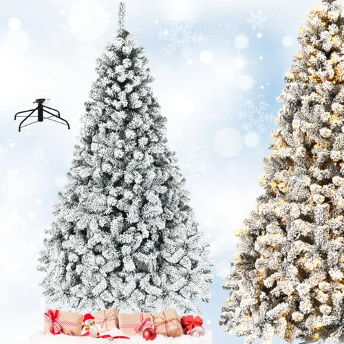RELAX4LIFE Árbol de Navidad Nevado de PVC Ignífugo con 250/450 Luces LED Cálidas, Árbol de Navidad con Nieve, Base de Metal, Arvore de Natal Automático para Casa/Oficina/Tienda (225cm, 1010 Ramas)