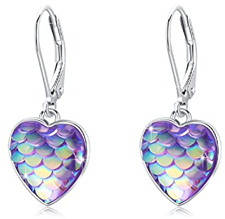 Herz Ohrringe Hängend 925 Sterling Silber Meerjungfrau Herz Leverback Brisur Ohrringe für Mädchen Damen Kinder (Lila)
