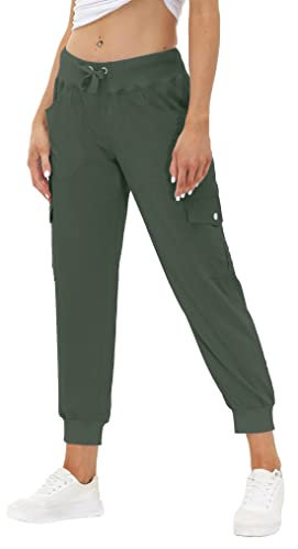JINSHI Pantaloni Donna Cargo Pantalone Lungo Sportivo Leggero Lavoro Jogging Pant con Tasche Verde Militare L