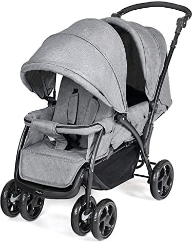 Maxmass Double Seat Baby Stroller, Folding Infant Pushchair with Adjustable Handlebar & Backrest, Storage Basket and Detachable Canopy, Travel Toddler Buggy for Shopping, Hanging Out (Grey)