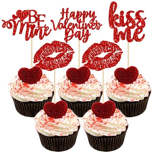 Gyufise 24 Stück rote Glitzer Happy Valentine's Day Cupcake Topper Be Mine Kiss Me Lippenstift Cupcake Picks für Valentinstag Thema Süße Liebe Thema Hochzeit Verlobung Brautdusche Party Kuchen