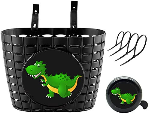 YeloYolker Jungen-Fahrradkorb mit Klingel, niedlicher Dinosaurier-Fahrradkorb für Kinder, Kleinkinder, Kunststoff-Lenkerkorb vorne für Roller, Dreirad(I-Rex)