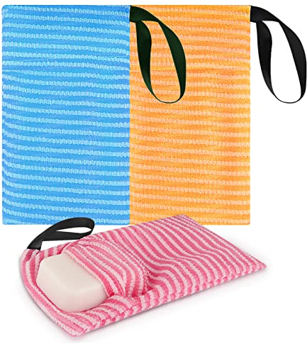 Linkidea Lot de 3 Sacs de Toilette Rayés en Maille, Éponge Exfoliante Portable avec Lanière, Poche de Soin Drainante, Accessoires de Bain Multifonctions pour Voyage et Utilisation Domestique