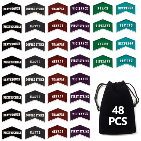 Jicoyin: Juego de 48 fichas de contadores de reuniones mágicas, de metal antiguo, juego de contadores de palabras clave MTG de doble cara compatibles con MTG con bolsa de terciopelo con cordón