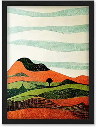 Doppelganger33 LTD Abstract Eclectic Tangerine And Olive Nature Landscape Linocut Illustration Artwork Framed Wall Art Print A4
