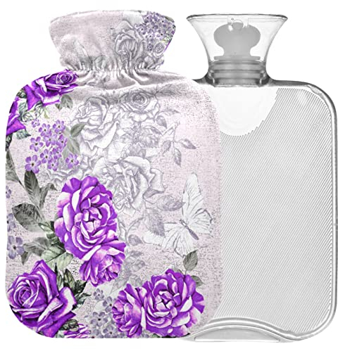 Naanle Vintage Lila Rose Wärmflasche mit Bezug Transparente Warmwasserflasche 2L Große Wärmflasche für Bett Hand Füße Wärmer Schmerzlinderung Wärme- und Kältetherapie