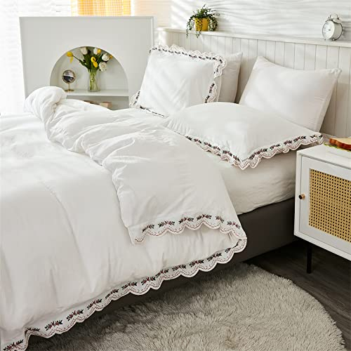 Herside Stickerei Bettwäsche 155x200cm Weiß Bettwäsche Set Romantisch Rüschen Dekoration Super Weiche Bettbezug und 1 Kissenbezug 80x80cm mit Reißverschluss, Weiß