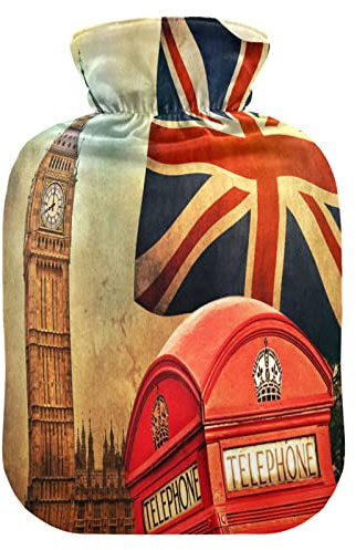 London City UK Flag Big Ben Hot Water Bottle with Cover, 1 L Transparent Hot Water Bag Hot Cold Compress, Great for Cramps Back Shoulder Pain Relief, Kids Men Women Hand Foot Warmer