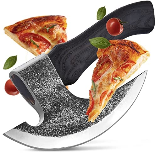 ECKWIN - Pizza Axt Wikinger inkl. Lederschutz - Pizzamesser für echte Wikinger - Pizzaschneider Axt perfekt geeignet als Wikinger Deko - Wikinger Axt, Pizza Wiegemesser, Wikinger Messer, Beil