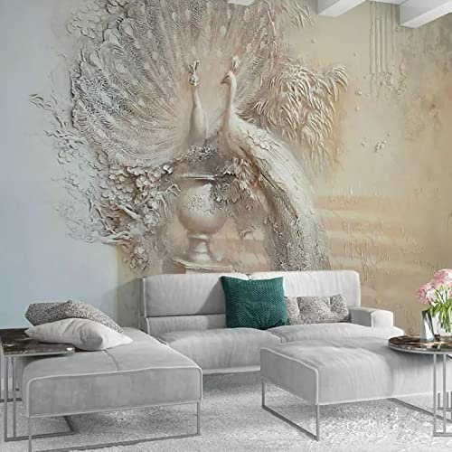Vlies Fototapete Weiß & Pfau 3D Effekt Tapete Wohnzimmer Schlafzimmer Wandbilder Wand 400cm×280cm(Breite x Höhe)