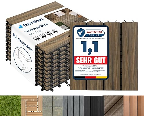 Floordirekt Piastrelle giardino esterno ad incastro WPC 30x30cm, 1m² 11 pezzi, per terrazzo, balconi, in legno Composito Pavimenti da Esterno, con funzione di drenaggio | legno profondo | Mix Teak