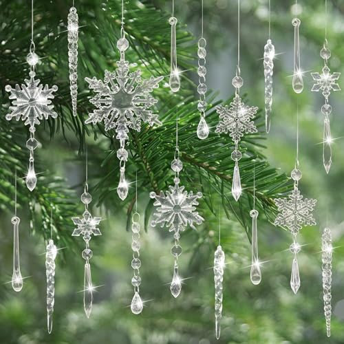 18pcs Christmas Tree Decorations Snowflake Ornaments, Hanging Acrylic Crystal White Icicle Christmas Ornaments for Winter Xmas New Year Christmas Decor Party Supplies