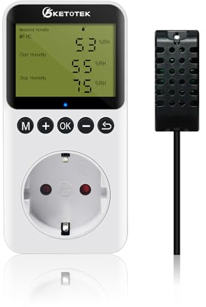KETOTEK Enchufe con Higrostato Digital con Sonda 220V Controlador de Humedad mit Countdown-Funktion para Terrario Reptil Invernadero Incubadora Humidificador Deshumidificador