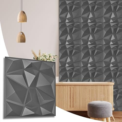 NOVECRAFTO Diamond Effect 3D Wall Panels - 20 Sheets Covering 5 sqm | 53.82 sqf Interior Cladding Panels Set | 3D Wall Tiles Diamond Design in Matte Grey Silver - Each Panel Size 19.6 x 19.6