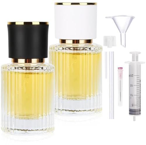 XUSSMM 2 Stücke Parfümzerstäuber Nachfüllbar, 100ml Runde Parfümflasche, Parfum Zerstäuber für Unterwegs, Portable Sprühflasche mit Praktischem Zubehör für Parfüm, Reisen, Kosmetik (100ml)