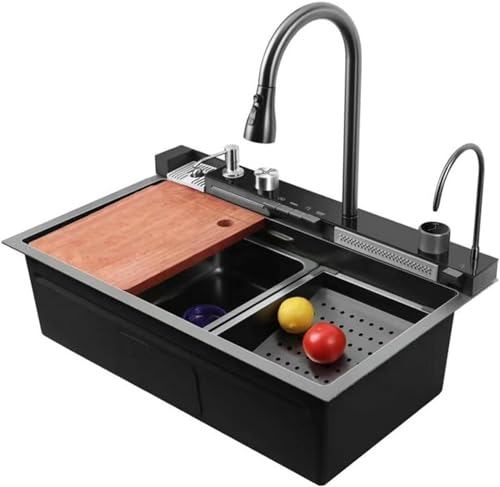 CATANK Fregadero de Cocina en Cascada Fregadero con Pantalla Digital Nano lavavajillas Fregadero de Frutas y Verduras Fregadero de un Solo tazón de Acero Inoxidable con Grifo Integrado