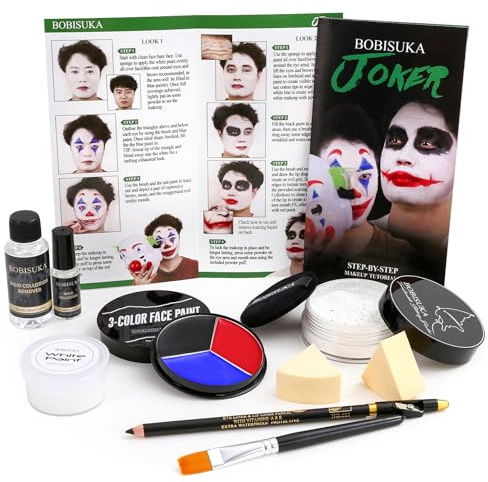 BOBISUKA Kit de Maquillaje Joker y Payaso Halloween | Kit Completo de Pintura Facial SFX,Maquillaje Profesional para Disfraz,Cosplay,Fiesta,Escena Cine