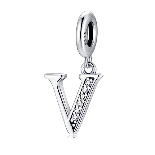 Pendentif Lettre V en Argent fin 925 et Oxyde de Zircon,Initial Charme Convient aux Pandora Bracelets et Colliers,Cadeau pour Femmes Filles Anniversaire