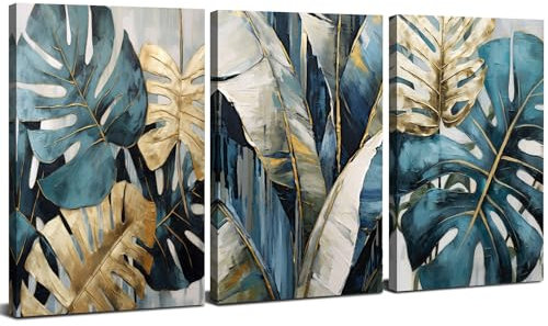 Abstract Set of 3 Wall Art Gold Wall Decor Botanical Prints Boho Wall Art Teal Green Leaf Pictures Turquoise Tropical Leaves Plants Paintings Modern Living Room Bathroom Home Decorations 30x40cm