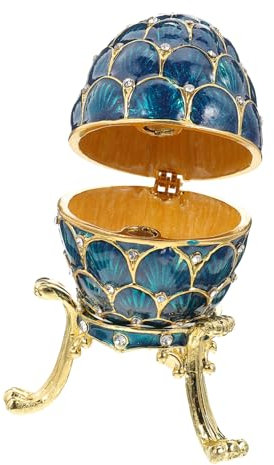WOFASHPURET Vintage Blue Enameled Egg Trinket Box Rhinestones, Small Alloy Jewelry Organizer Case for Vanity and Dresser Decor