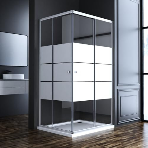 Goezes Duschkabine Eckeinstieg 100x100cm Schiebetür, Duschabtrennung Gestreift Glas Duschkabine Eckeinstieg 6mm ESG Glas Dusche Duschwand Höhe 185cm, LINKS & RECHTS MONTIERBAR