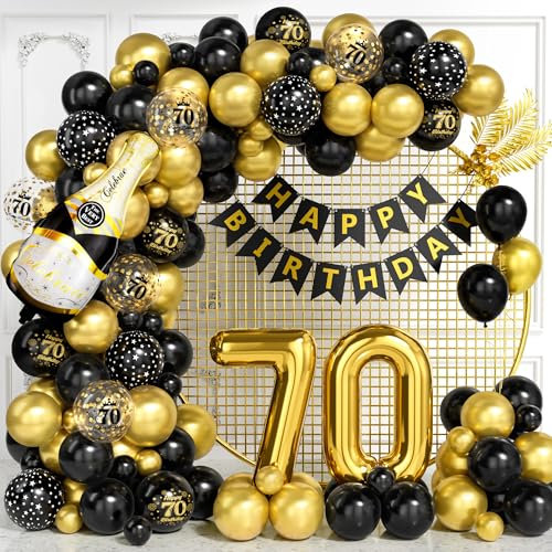 70 Geburtstag Deko für Männer, Schwarz Gold Luftballon Bogen Kit mit Nummer 70 Folie Ballons Konfetti Ballons Happy Birthday Banner, Schwarz Gold Party Deko für 70 Jährige Frauen Jubiläum