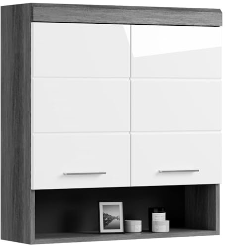 Lomadox Hängeschrank Badezimmerschrank Badezimmermöbel Badezimmer Schrank ca.74 cm breit modern in Hochglanz weiß mit grau